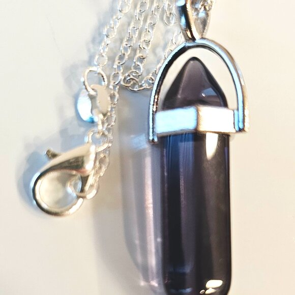 Dark Amethyst Stone Crystal Bullet Point Pendant Necklace Silver Chain 24 in - Picture 1 of 3